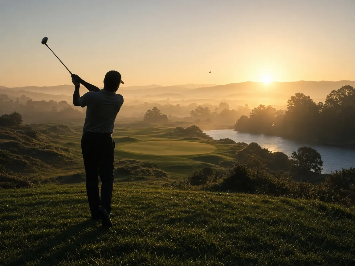 Golfer hitting a tee shot on a par-3 at sunrise